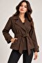 Women's Belted and Draped Double-Breasted Collared Short Trench Coat - 3