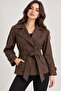 Women's Belted and Draped Double-Breasted Collared Short Trench Coat