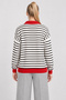 Striped Polo Collar Oversize Knitwear Sweater 4419 Lki̇0056 Ecru Red - 5