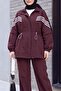 High Collar Striped Suit with Elastic Sleeves and Waist, Zipper Closure - Dark Burgundy