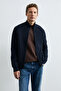 Ardan Cotton Blend Zippered High Collar Knitwear Cardigan Navy Blue - 3