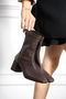 Azra Women's Bitter Brown Stretch Leather Square Toe Back Zipper 6 cm Thick Heeled Boots Bootie