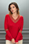 Women's red v-neck collar glittery lycra comfortable fit thin knitwear blouse