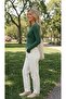 Green Round Neck Blouse Oversize Body Darkalıp Soft Touch Cotton Ribbed Toe Detailed Blouse - 2