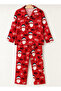 New Year Patterned Red Long Sleeve Buttoned Front Shirt Collar Family Pajama Set Combination - 3