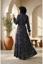 Bürümcük Fabric Floral Patterned Belted Hijab Dress 0580-02 Navy Blue Ecru - 5