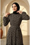 Bürümcük Fabric Floral Patterned Belted Hijab Dress 0580-01 Black Mink - 3