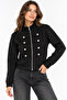 Black Stand Collar Zippered Knitted Sweatshirt with Crystal Stone Button Detail and Long Sleeves with Cuffs - 3
