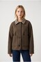 Coffee Brown Textured Plaid Collar Detailed Off-Shoulder Buttoned Double Pocket Relaxed Fit Jacket