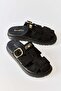 Black Suede Textured Comfortable Sole Cage Sandals with Buckle Detail, Suitable for Daily Use