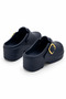 Navy Blue Leather Textured Six Centimeter High Sole Gold Buckle Detailed Platform Sabo Slippers - 2