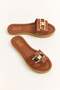 Tan Leather Textured Thick Banded Non-Slip Sole Metal Accessory Detailed Casual Slippers - 2