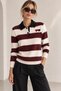 White Wool Blend Polo Collar Two-Color Striped Heart Embroidery Detailed Long Sleeve Knitwear Sweater - 2