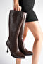 Women's Brown Pointed Toe Side Zipper Thin Heeled Boots
