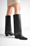 Women's Black Matte Leather Boots with Detachable Accessories, Side Zipper, Studded Pointed Toe Boots - 4