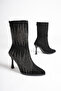 Women's Black Suede Platinum Stone Pointed Toe Back Zipper Boots 9cm Heel - 2