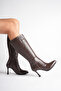 Women's Brown Pointed Toe Side Zipper Thin Heeled Boots - 4
