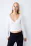 Fitted V-Neck Double-Breasted Look Ribbed Long Sleeve Crop Basic T-Shirt I6398Ax26Au - 3