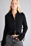 Regular Fit Polo Collar Faux Fur Detailed Zippered Basic Cardigan H2232Ax26Wn - 3