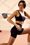 Navy Blue Cream Lightweight Support Square Neckline Sports Bra with Removable Pads - 2