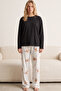 Cream Teddy Bear Patterned Cotton Knitted Pajama Set 7975 - 2