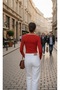 Red Crew Neck Basic Blouse Studded Ribbed Fabric Finger Detailed Bodysuit - 2