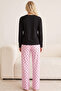 Pink Black Heart Dots Pattern Cotton Knitted Pajama Set 7975 - 3