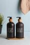 Gloria black 2-piece glass kitchen liquid soap dispenser set with stand - bamboo stand soap dispenser - 3