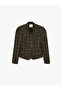 Long Sleeve Buttoned Stand Collar Tweed Peplum Plaid Jacket - 5