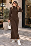 Corded Fabric Knitwear Dress K3005 Brown - 3