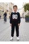 80 Writing Printed Collar Half Pat Buttoned 2-Thread Seasonal Bottom and Top Boys' Tracksuit Dark Navy Blue