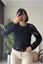 Crew Neck Buttoned Navy Blue Lace Cardigan
