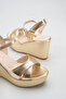 Gold Crinkled Patent Leather Wedge Heel Platform Sandals with Cross Straps and Ankle Buckle - 3