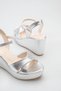 Silver Wrinkled Patent Leather Wedge Heel Platform Sandals with Cross Straps and Ankle Buckle - 3