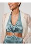 Stone Knot Crystal Stone Waistband Surrounded Chest Gathering Silver Sparkle Window Detail Deep V Neck Backless Satin Super Mini Party Dress - 2
