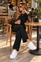 Lace Sleeve Elegance – Women's Long Sleeve Floral Appliqué Blouse and Wide-Leg Pants Two-Piece Set - 2