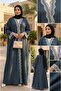 كود 2 عباية كتان زرقاء أنيقة - تطريز دانتيل على الياقة الأمامية وأطراف الأكمام