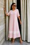 Women's Pink Crew Neck Short Sleeve Stripe Detailed Relaxed Fit Cotton Midi Casual Dress - 2