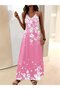 Women's Pink V-Neck Strappy Patterned Long Single Jersey Dress