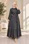 Women's Textured Belted Pleated Hijab Dress – Long Sleeve Dress