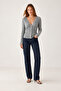 Women's Gray V-Neck Wool Cardigan with Lace Detail - 3
