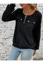 Women's Black Half Zipper Ribbed Long Sleeve Pocket Cover Buttoned Camisole Blouse - 2