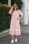 Women's Pink Crew Neck Short Sleeve Stripe Detailed Relaxed Fit Cotton Midi Casual Dress - 3