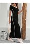 Women's Black V-Neck Short Sleeve Maxi Length Sportswear Combed Cotton Dress with White Stripe Detail on the Side - 2