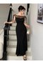 Women's Black Long Imported Crepe Dress with Lace Detail on the Chest and Collar, Boat Neck Look - 3