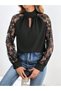 Women's Black High Neckline Drop-Cut Long Sleeve Lace Sleeve Evening Dress Blouse with Guipure Detail - 2