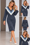 Women's Navy Blue V-Neck Color Blocked Long Sleeve Ribbed Knitwear Knitted Midi Dress - 2