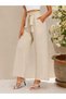 Women's Beige High Waist Elastic Lace-Up Long Wide Cut Detailed Crinkle Trousers - 2