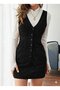 Women's Black Corduroy Sleeveless V-Neck Button Front Pocket Mini Gilet Dress