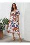 Women's Short Sleeve Double Breasted Collared Side Tie Patterned Single Jersey Midi Dress